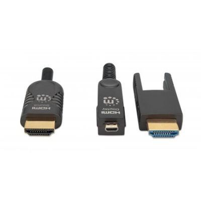 MANHATTAN Hochgeschwindigkeits-Aktiv-Glasfaserkabel mit abnehmbarem Stecker, 4K@60Hz UHD, HDMI-Stecker auf Micro-HDMI-Stecker (Typ D) und abnehmbarer HDMI-Stecker (Typ A), 20 m, HEC, ARC, vergoldete Kontakte