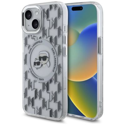 Karl Lagerfeld IML Monogram Karl & Choupette Head MagSafe-Hülle für iPhone 15 – transparent