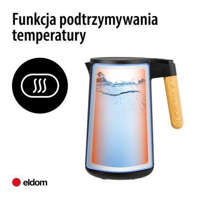 6. ELDOM KABELLOSER WASSERKOCHER MIT TEMPERATURREGELUNG C550 SCHWARZ 5 GESPEICHERTE PROGRAMME: 40, 70, 80, 90, 100°C (KUNSTSTOFF + EDELSTAHL)