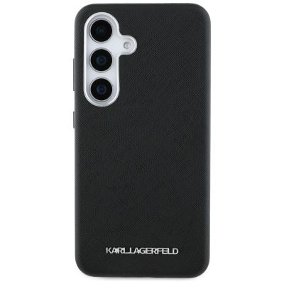 3. Karl Lagerfeld Saffiano Vollumwickelte MagSafe Hülle mit länglichem Metalllogo für Samsung Galaxy S25+ - Schwarz