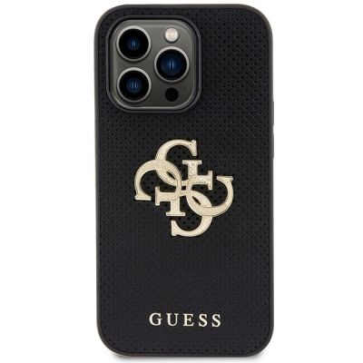 3. Guess Lederhülle mit perforiertem 4G-Glitzer-Logo für iPhone 15 Pro – Schwarz
