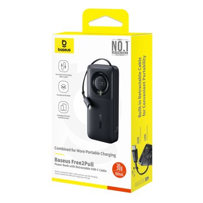 4. Baseus Free2Pull 10000 mAh 30 W Powerbank mit USB-C-Anschluss und einziehbarem USB-C-Kabel – Schwarz