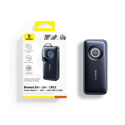 7. Baseus EnerCore CR11 20000mAh 67W Powerbank mit einziehbarem USB-C-Kabel – Schwarz