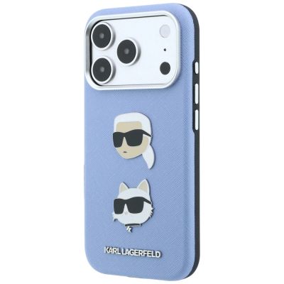2. Karl Lagerfeld Saffiano Hülle mit Karl & Choupette Köpfen Pins & Logo für iPhone 18 Pro / 17 Pro - hellblau