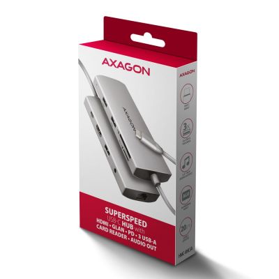 9. AXAGON HMC-8HLSA Multiport-Hub USB-C 3.2 Gen 1, 3x USB-A + 4K/60Hz HDMI + SD/microSD, Gigabit-LAN, Audio, PD 100W - Silber