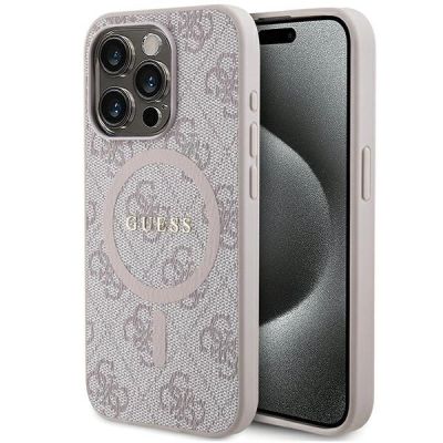Guess 4G Collection Leder-Metall-Logo MagSafe Hülle für iPhone 15 Pro Max – Pink
