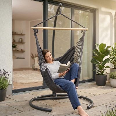 5. Brasilianischer Hängemattensessel 100 x 130 cm und 2 Kissen 40 x 40 cm, schwarz