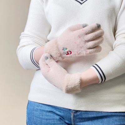 3. Winter-Telefonhandschuhe für Damen mit einem Schneemann und einem Weihnachtsbaum – beige