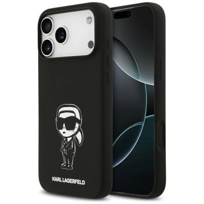 Karl Lagerfeld Silikonhülle mit Karl-Skizze und Logo (MagSafe) für iPhone 17 Pro Max – Schwarz
