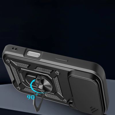 5. Hybrid Armor Camshield iPhone 17 Pro Hülle mit Ständer und Kameraabdeckung - Schwarz