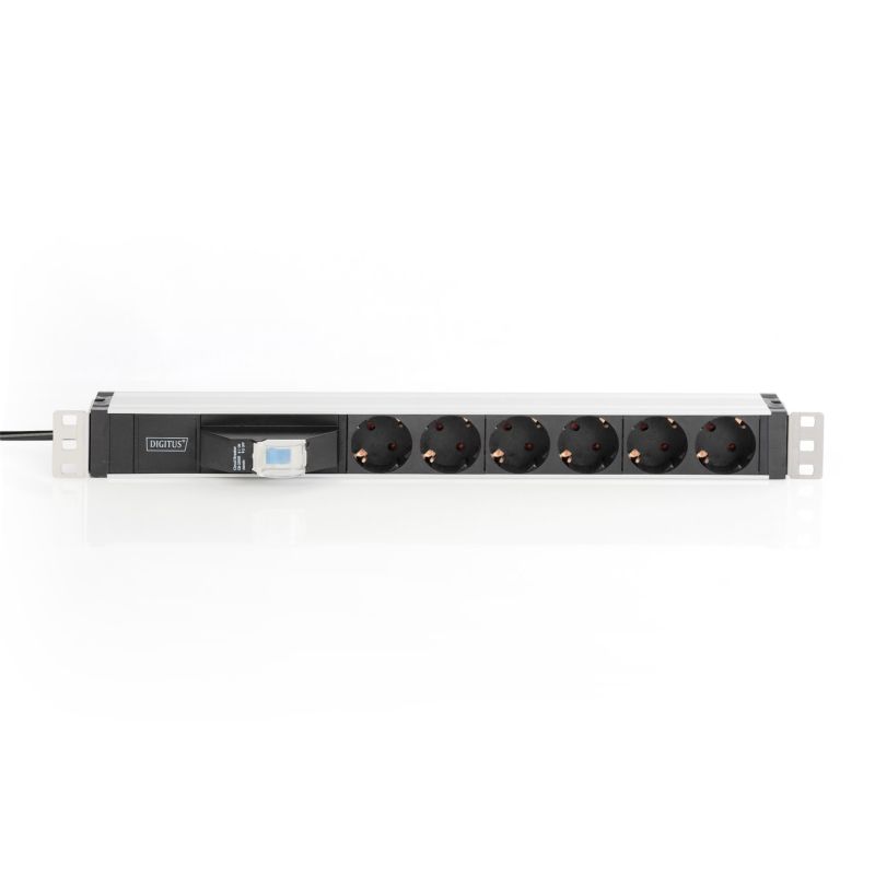 3. Digitus PDU 19" Rack-Steckdosenleiste, 6x Schuko, 2,0 m, 1x Unischuko-Stecker, 16 A, Leitungsschutzschalter, Aluminiumprofil