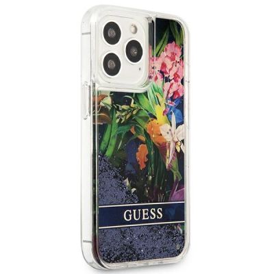 4. Guess Flower Liquid Glitter Hülle für iPhone 13 Pro Max – Blau