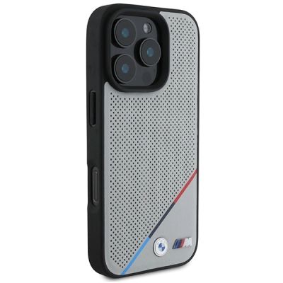 4. BMW M Perforierte Tricolor Line MagSafe Hülle für iPhone 16 Pro - Grau