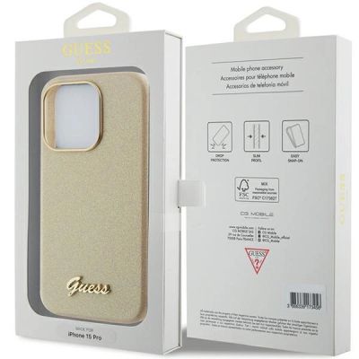 8. Guess Glitter Glossy Script Hülle für iPhone 15 Pro – Gold