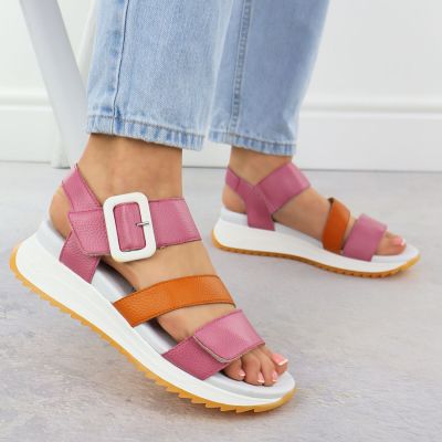 6. Rieker W2950-31 Damen-Sandalen aus rosa Leder mit hohem Absatz