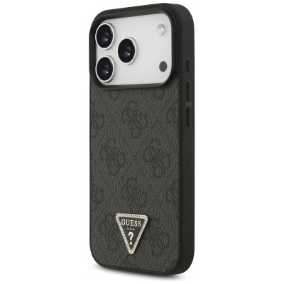 2. Guess Leather 4G Triangle Strass MagSafe Hülle für iPhone 18 Pro / 17 Pro - Schwarz