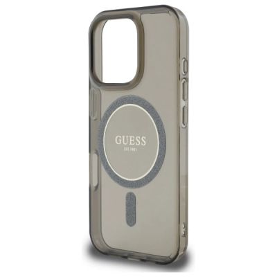 6. Guess IML Glitter Circle MagSafe Hülle für iPhone 16 Pro – Schwarz