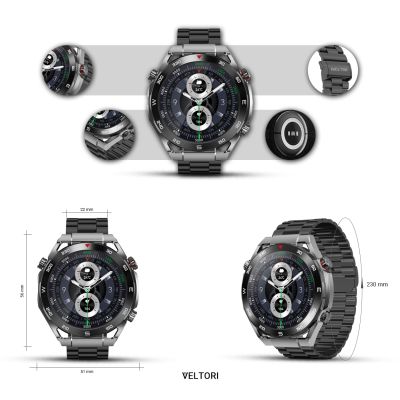 14. VELTORI VT100-1 Smartwatch + Schwarzes Silikonarmband + Schwarzes Öko-Leder