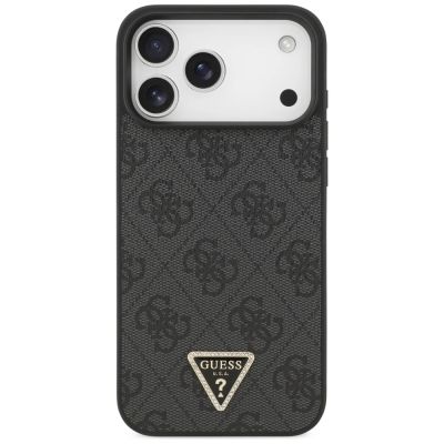 3. Guess Leather 4G Triangle Strass MagSafe Case für iPhone 17 Pro Max - Schwarz