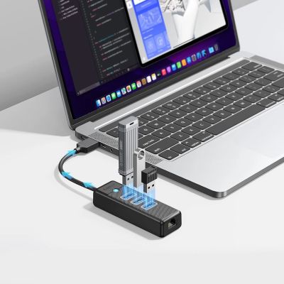4. Orico PW3UR25-U3 USB-Hub mit 4 Anschlüssen (3x USB-A 3.0, 1x RJ45 2,5G Ethernet, 1,8 m Kabel) – Schwarz