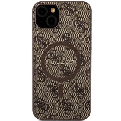 3. Guess 4G Collection Leder Metall Logo MagSafe Hülle für iPhone 15 Plus / 14 Plus – Braun