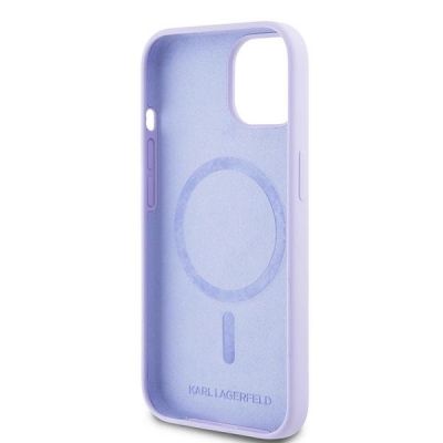 7. Karl Lagerfeld Silikonhülle mit Karl&Choupette-Kopf-Ring und MagSafe-Motiv für iPhone 15 – Lila