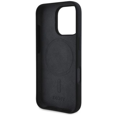 7. DKNY Silikon-MagSafe-Hülle mit weißem bedrucktem Logo für iPhone 16 Pro Max – Schwarz