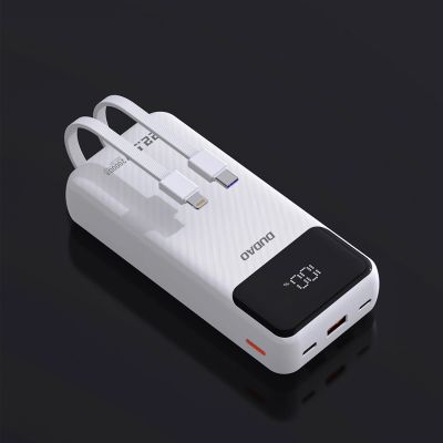 7. Dudao K15Pro Powerbank 20000 mAh 22,5 W PD USB-C / USB-A / integrierte Lightning und USB-C-Kabel – Weiß