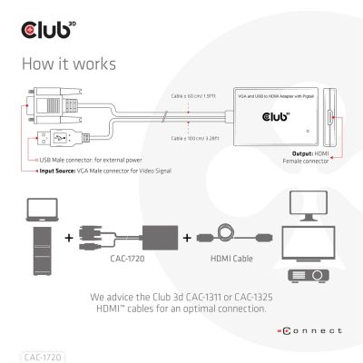 5. CLUB3D CAC-1720 Kabeladapter 0,6 m HDMI Typ A (Standard) VGA (D-Sub) + USB Schwarz