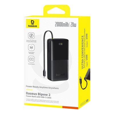 6. Baseus Bipow 2 20000mAh 20W Powerbank mit Digitalanzeige und integriertem USB-C-Kabel – Schwarz