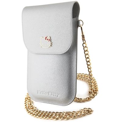4. Hello Kitty Leder-Metall-Logo-Kettentasche – Silber