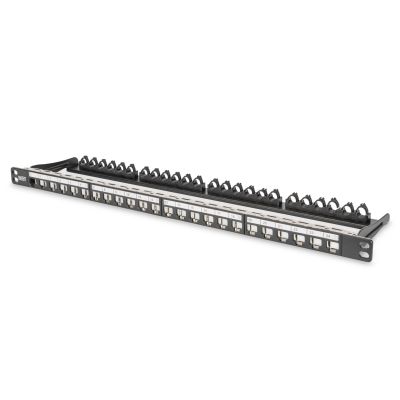 Hochdichtes Patchpanel 19" 24x Keystone, geschirmt, 0,5 HE, schwarz, Kabelführung, Beschriftungsfelder