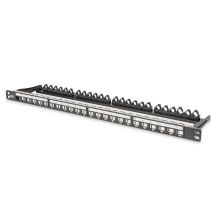 Hochdichtes Patchpanel 19" 24x Keystone, geschirmt, 0,5 HE, schwarz, Kabelführung, Beschriftungsfelder