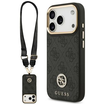 Guess 4G Strass Logo & Big Strap Metal Buttons MagSafe Case für iPhone 17 Pro - Schwarz
