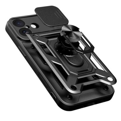 8. Hybrid Armor Camshield iPhone 17 Hülle mit Ständer und Kameraabdeckung - Schwarz
