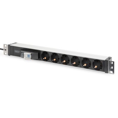 7. Digitus PDU 19" Rack-Steckdosenleiste, 6x Schuko, 2,0 m, 1x Unischuko-Stecker, 16 A, Leitungsschutzschalter, Aluminiumprofil