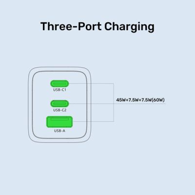 14. UNITEK GAN Wandladegerät 2x USB-C USB-A, PD 3.0, 65W, Schwarz