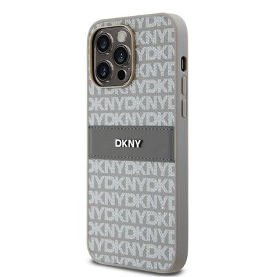 2. DKNY Leder-Monostreifen- und Metall-Logo-Hülle für iPhone 14 Pro – Beige