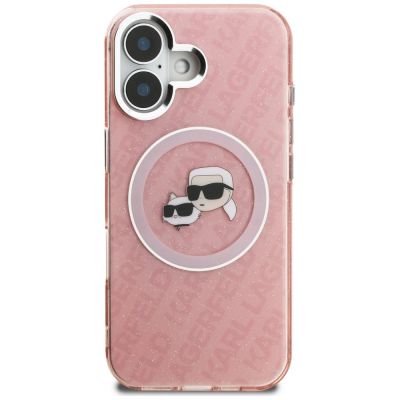 3. Karl Lagerfeld IML Glitter Karl & Choupette Heads Logo MagSafe iPhone 16 Hülle - Pink