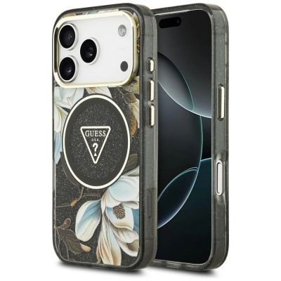 Guess IML Glitter Flowers Triangle MagSafe Hülle für iPhone 18 Pro Max / 17 Pro Max – Schwarz