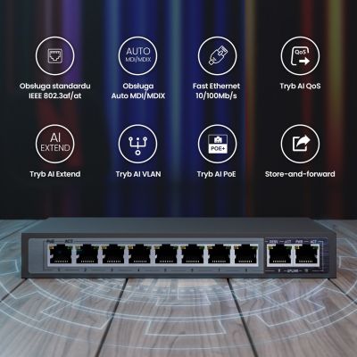 12. Extralink Switch PoE CERES 8x 100 Mbit/s PoE/PoE+, 2x RJ45 Uplink 100 Mbit/s, 96 W