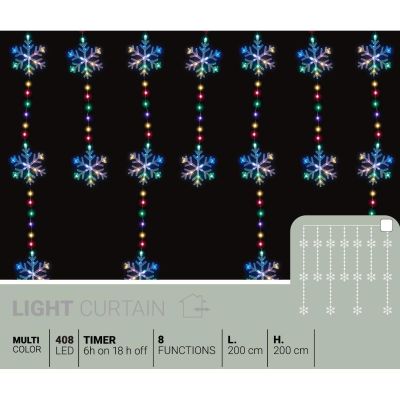 3. Weihnachtsbaumbeleuchtung, Lichtervorhang 200x200 cm, 408 LEDs, Schneeflocken, mehrfarbig
