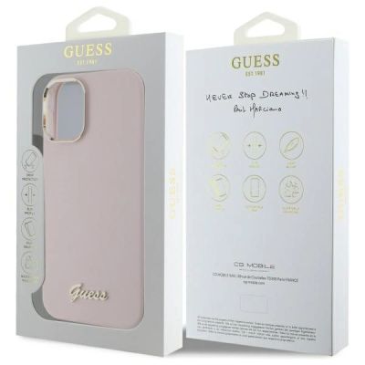 8. Guess Silikon Script Metal Logo & Frame Hülle für iPhone 16 – Rosa