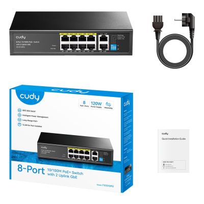 7. Switch CUDY FS1010PG, 8-Port 10/100 Mbit/s PoE+ 120 W, 2x GbE-Uplink