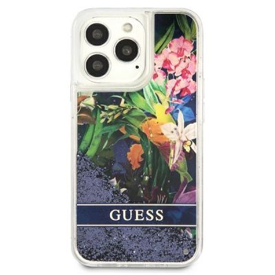 3. Guess Flower Liquid Glitter Hülle für iPhone 13 Pro Max – Blau