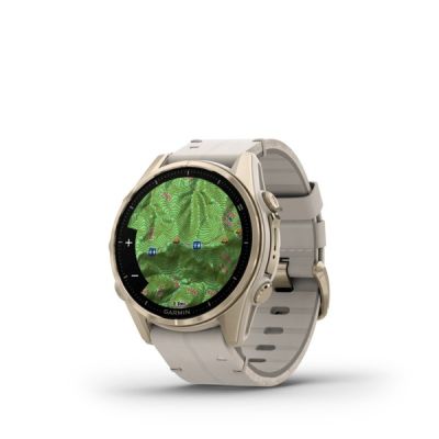 5. Garmin Fenix 8 43mm AMOLED Saphirblau Titan Soft Gold mit limettenfarbenem Lederarmband