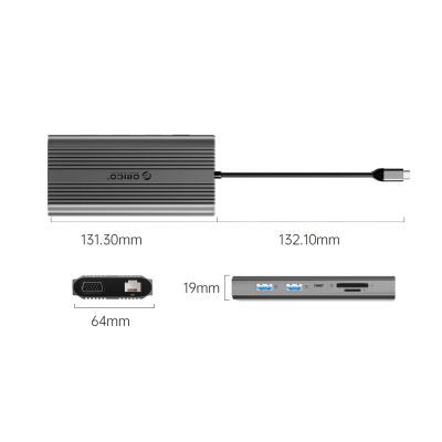 3. Orico XDR 12-in-1 USB-C Dockingstation mit USB-A, USB-C, HDMI 4K, VGA, RJ45, Gigabit PD, 100 W, SD- und microSD-Kartenleser – Grau
