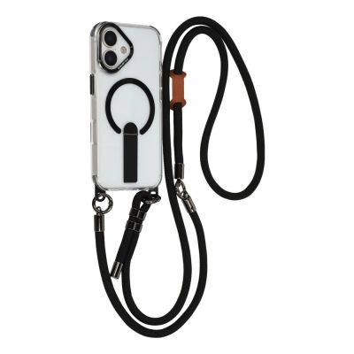 iPhone 17 Hülle mit Ständer, kurzem (30 cm) und langem (120 cm) Tragegurt, kompatibel mit MagSafe – Schwarz