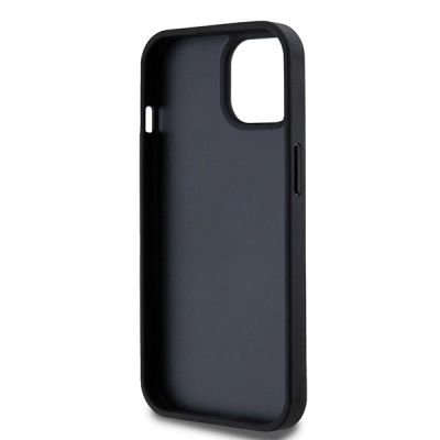 7. DKNY Lederhülle mit kariertem Monomuster und bedruckten Streifen für iPhone 15 Plus / 14 Plus – Schwarz