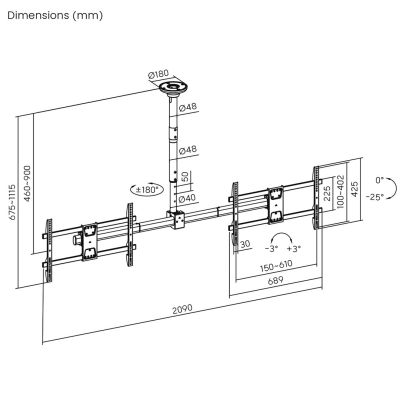 6. Deckenhalterung für zwei Maclean-Fernseher, max. Traglast 2 x 40 kg, 34–60 Zoll, max. VESA 600 x 400, MC-111 B